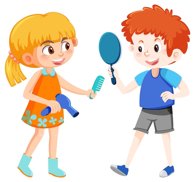 A boy holding hand mirror and a girl holding hair dryer