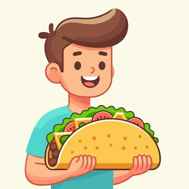 a boy holding a large burrito with a large sandwich on it