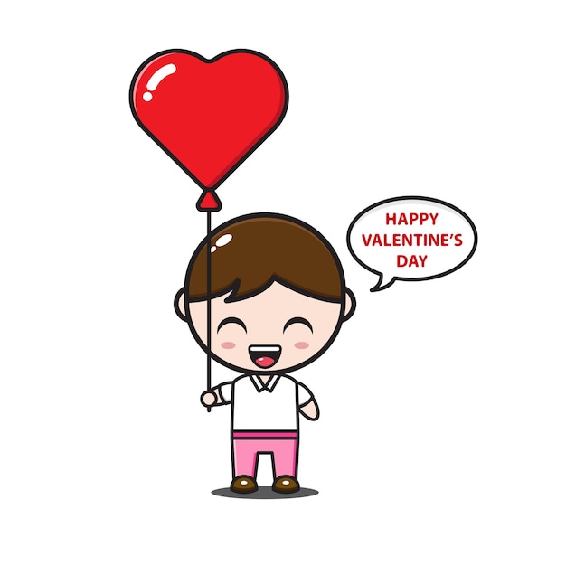 Boy holding love balloon and saying happy valentine day