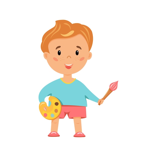 Boy holding paints with a brush in his hand vector illustration isolated on white