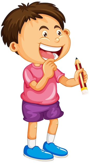 A boy holding a pencil cartoon character isolated on white background