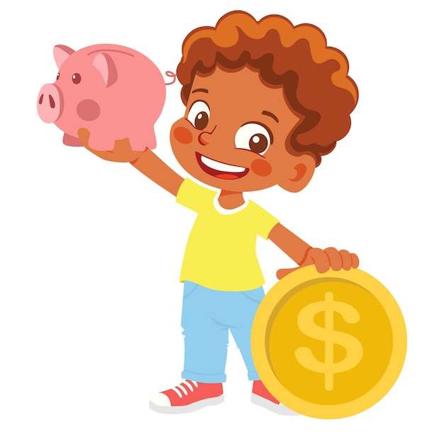 Boy holding piggy bank and money