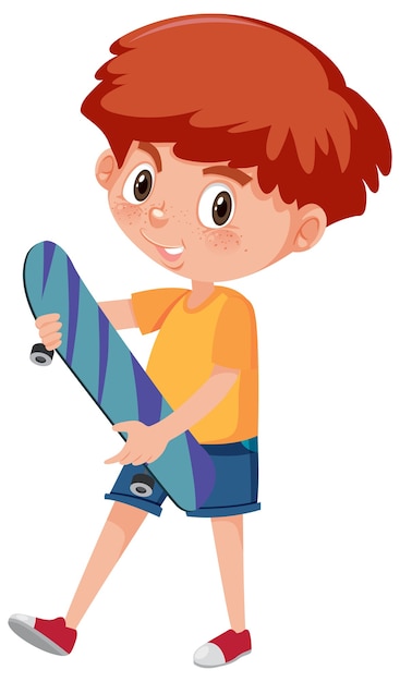 Boy holding skateboard cartoon character isolated on white background