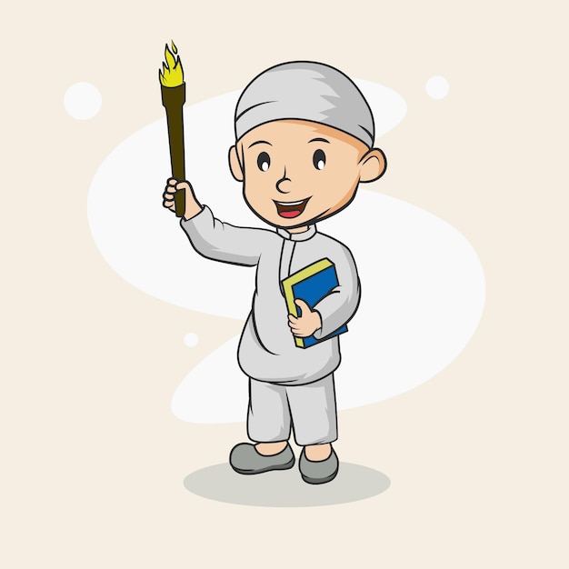 A boy holding a torch and a book in his hand