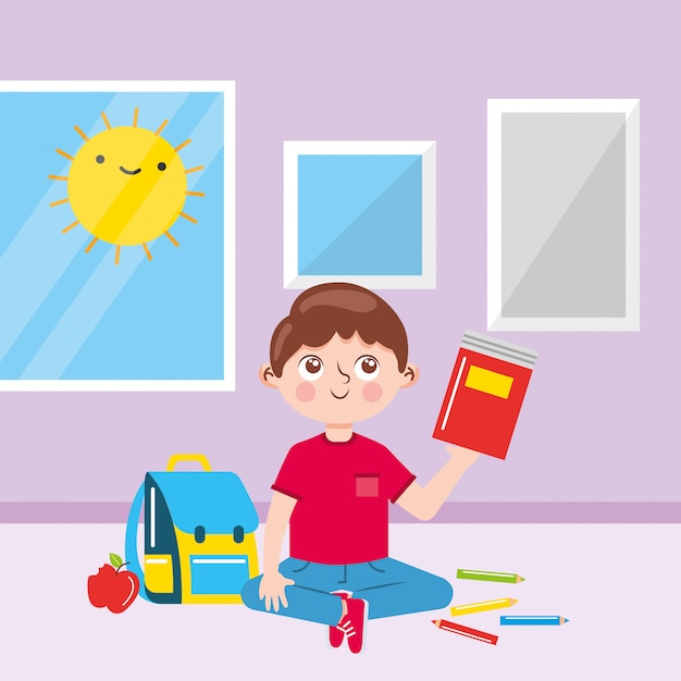 Boy into classroom between school supplies and sun peeking. back to school. illustration