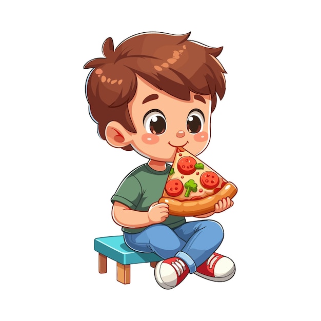 a boy is eating a pizza a boy enjoying eating pizza vector illustration