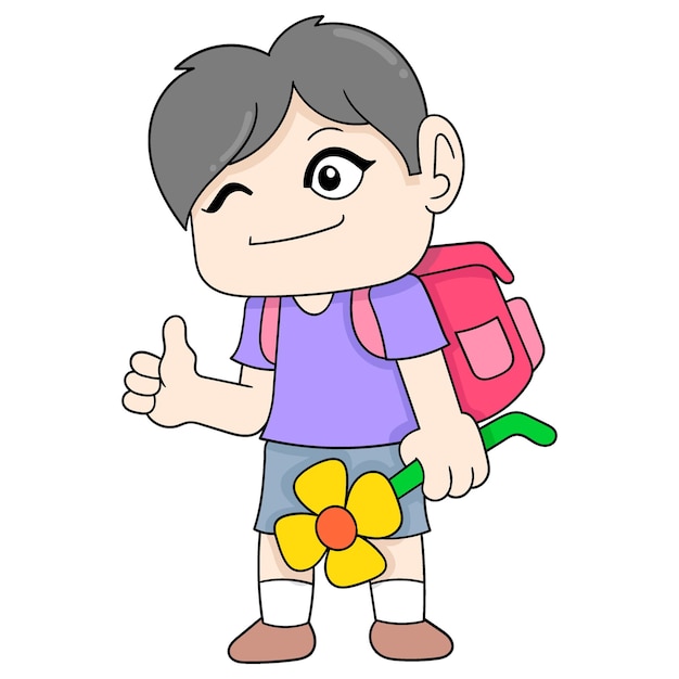 Boy is going to school carrying sunflowers doodle icon image kawaii