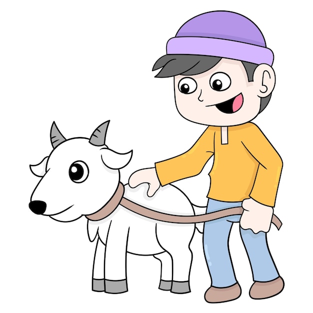 Boy is herding his pet goat, vector illustration art. doodle icon image kawaii.