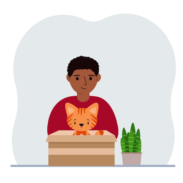 Vector a boy is holding a cardboard box with a beautiful ginger cat the concept of rescue help and care for pets