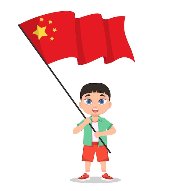 The boy is holding the flag of China. Vector illustration