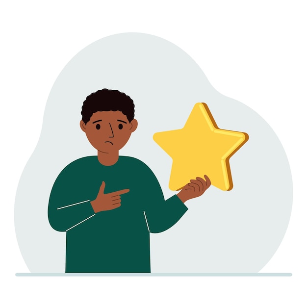 The boy is holding a star Service rating or positive user rating Consumer review of the product Feedback