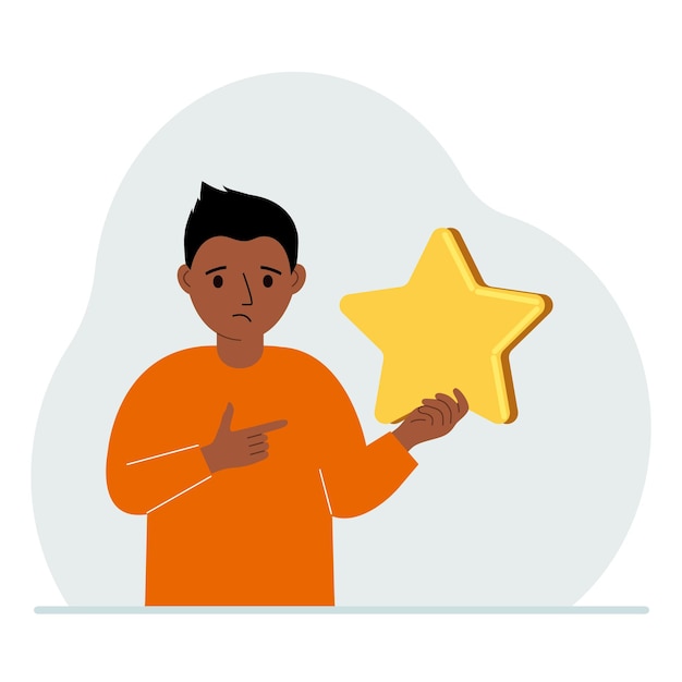 The boy is holding a star Service rating or positive user rating Consumer review of the product Feedback