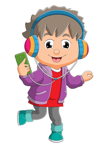 The boy is listening the music with the headphone of illustration