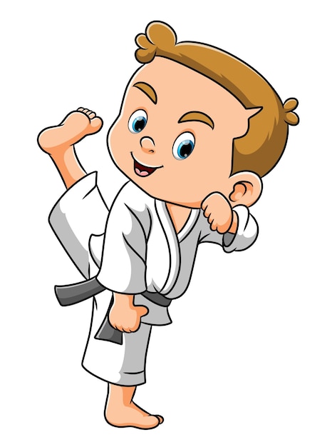 The boy is playing the taekwondo and swinging the foot of illustration