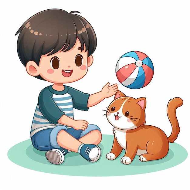 A boy is playing with a cat and a ball illustration design