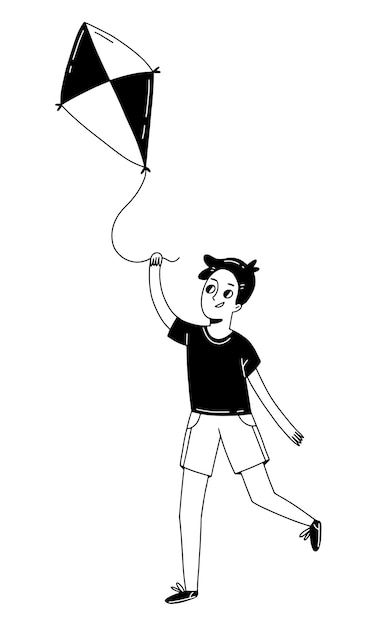 The boy is playing with a kite Happy child is flying a kite on the street Doodle style