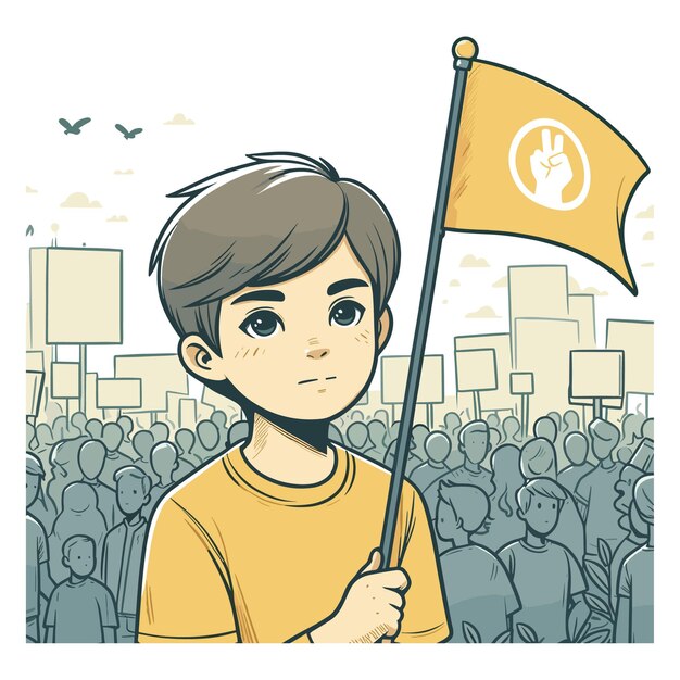 Vector a boy is protesting by waving a yellow flag