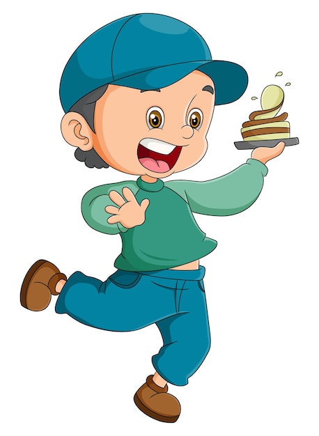 The boy is running while holding a cake to serve the guest