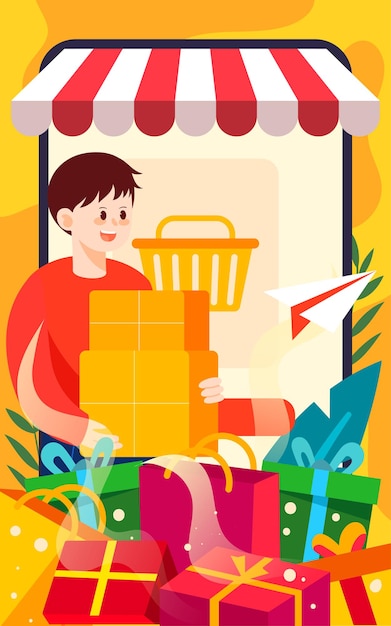 Boy is shopping online shopping many shopping bags and gift boxes in the foreground vector