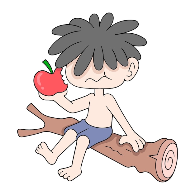 Boy is sitting eating apples doodle icon image kawaii