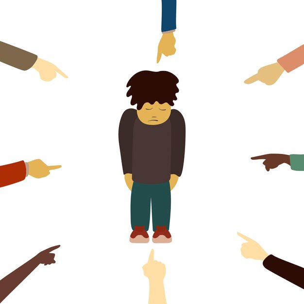 Vector boy is surrounded by people who point a finger at him on a white background. criticism, humiliation