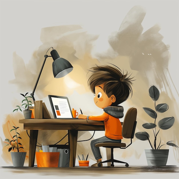 a boy is working at a computer with a plant in the background