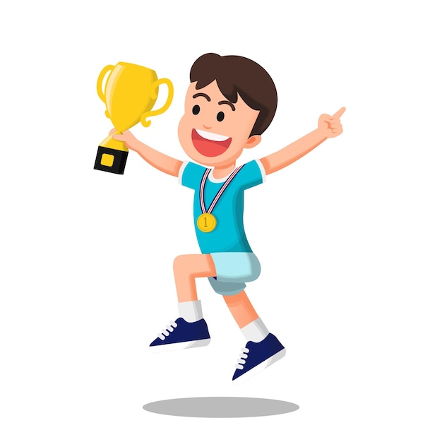 boy jumping holding a trophy and wearing gold medal