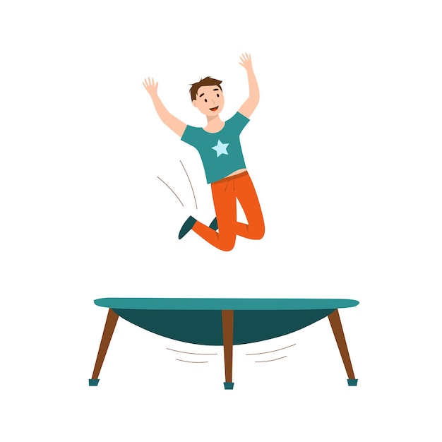 A boy jumps on a trampoline