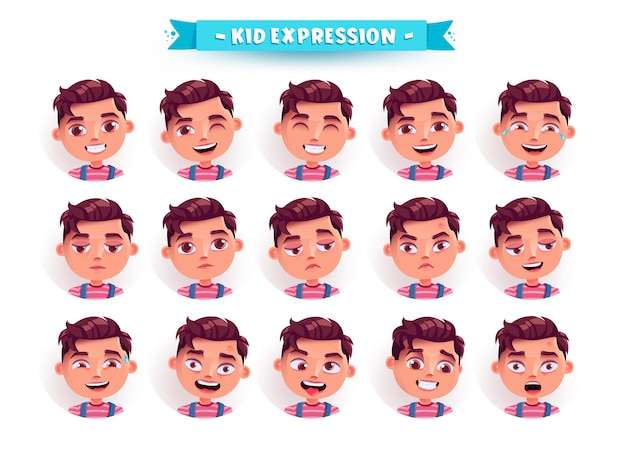 Vector boy kid faces vector set design school kid expression set isolated in white background with happy