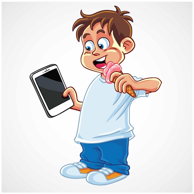 Boy Kid Playing Tablet Smart Phone Gadget Eating Ice Cream Cartoon Vector Illustration