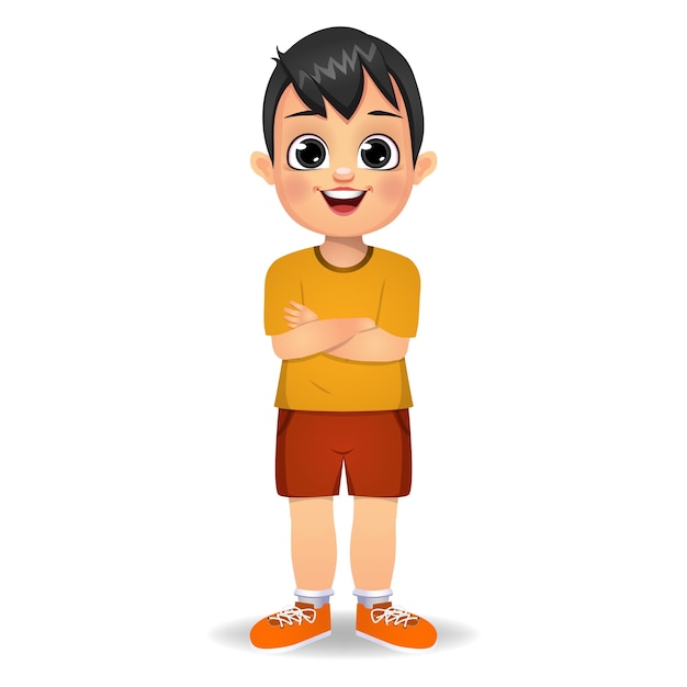 Boy kid standing with hands crossed isolated on white