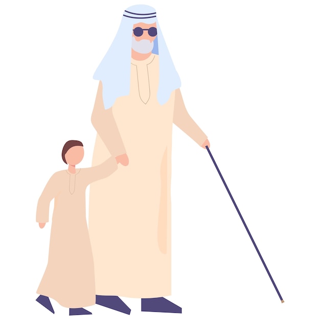 The boy leads the blind man of the father of the Arab family