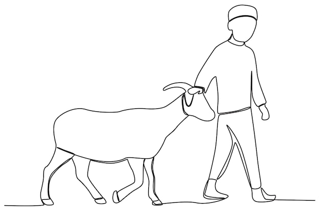 A boy leads a sacrificial goat to the mosque Eid alAdha oneline drawing