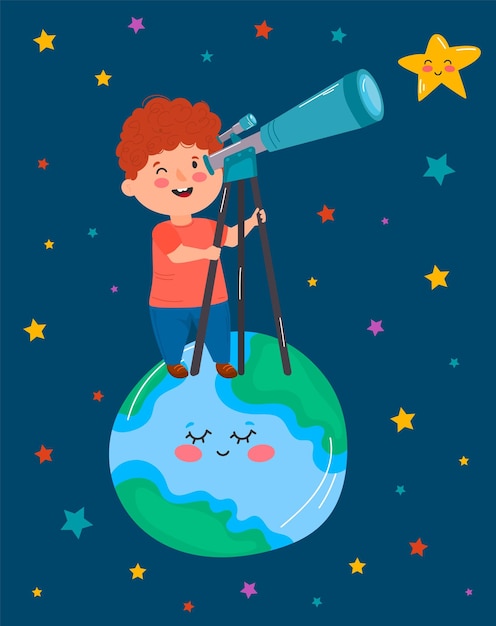 A boy looking through telescope at night Vector illustration