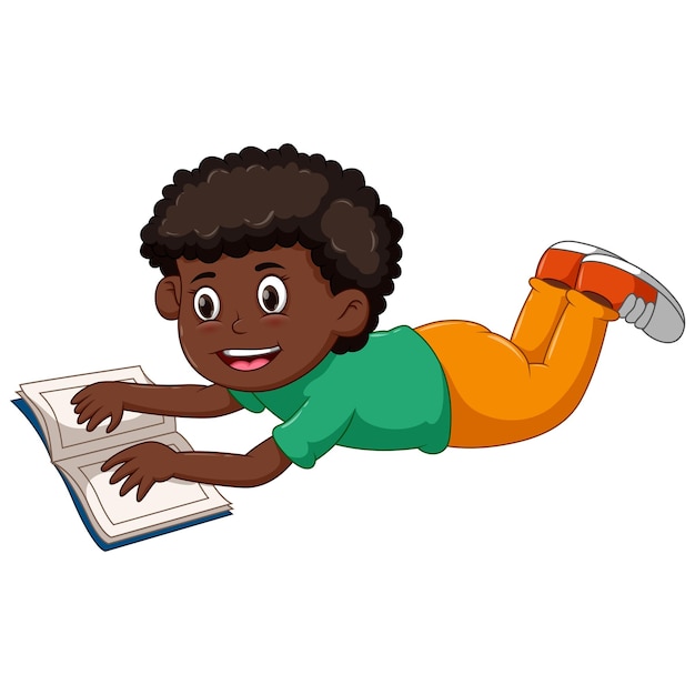 Boy lying down reading a book