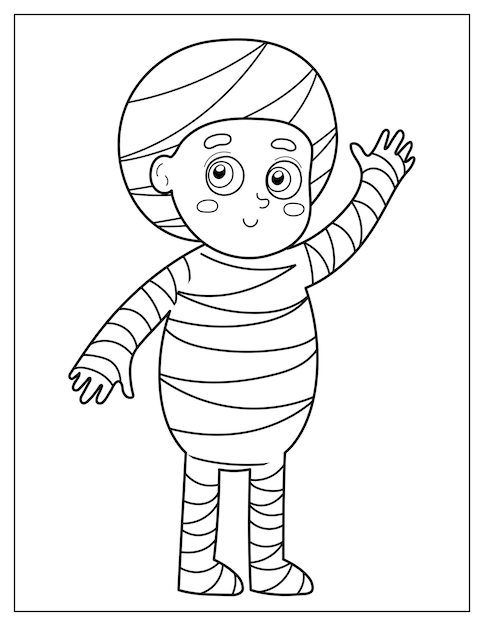 Boy in mummy costume coloring page for kids. Halloween kid waving hand in cartoon style for coloring