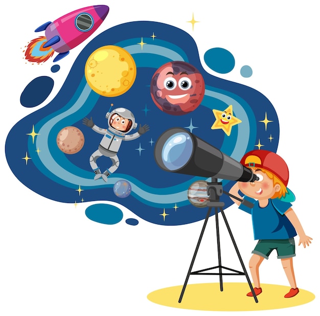 Boy observing planets with telescope