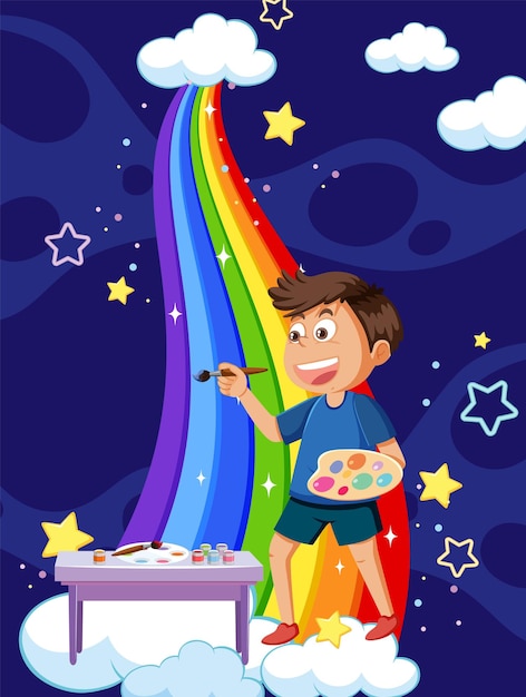 A boy painting rainbow