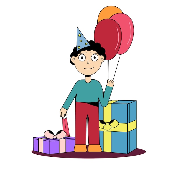 Boy in a party cap with balloons and presents