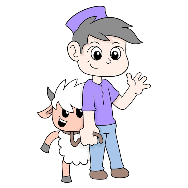 Boy and pet sheep for a walk during Eid al Adha, vector illustration art. doodle icon image kawaii.