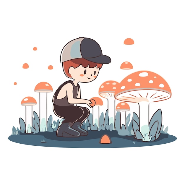 Boy picking mushrooms in the garden on white background