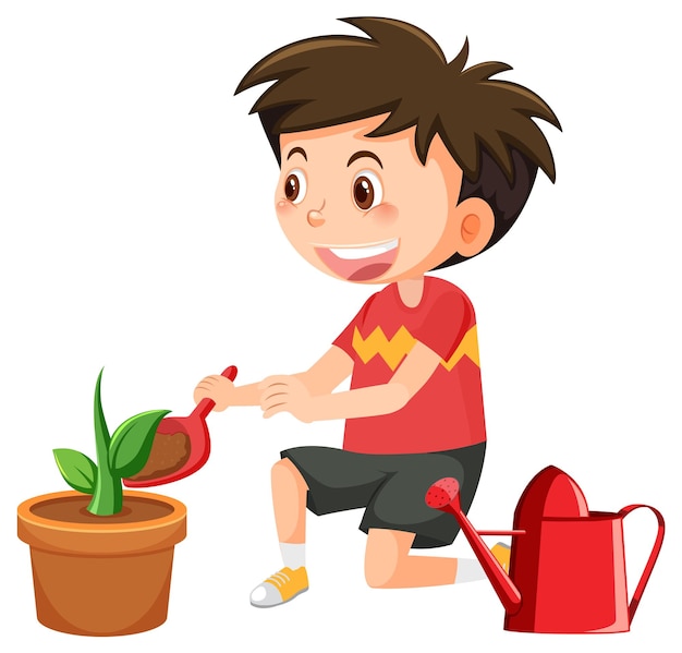 A boy planting in clay pot