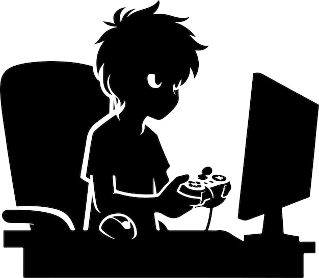 boy playing computer games vector black color silhouette