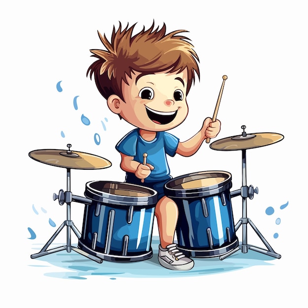 a boy playing a drum set with a blue shirt on