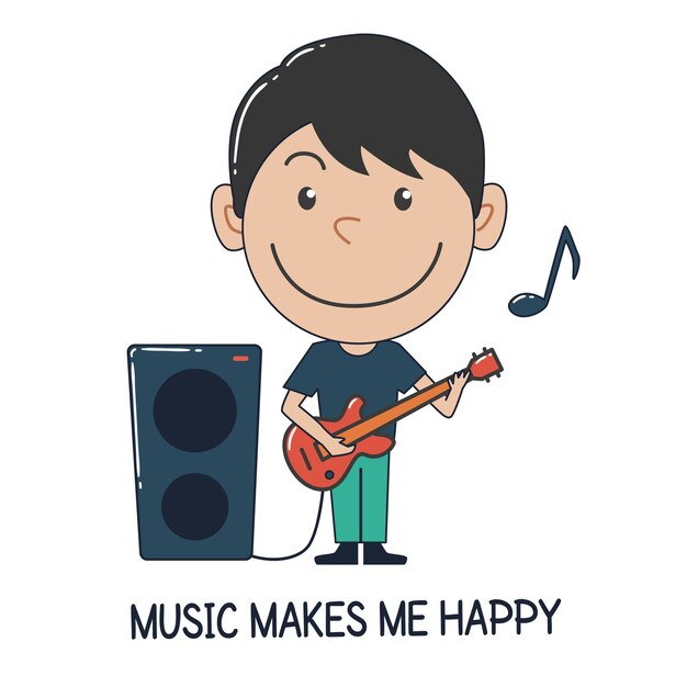 Vector boy playing guitar. music makes me happy