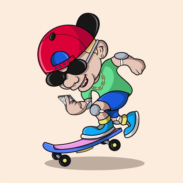 A boy playing skateboard while using a cell phone