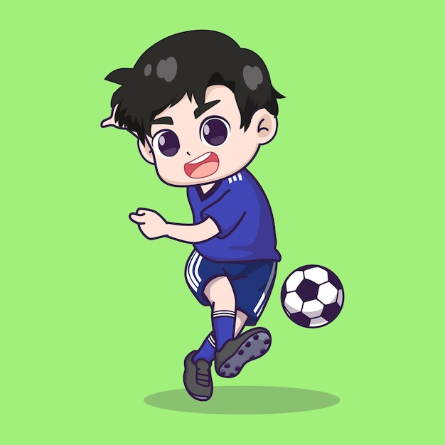 Boy playing soccer cartoon vector icon illustration