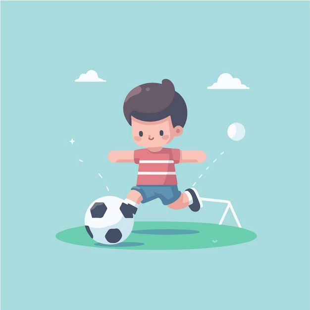 a boy playing soccer with a soccer ball and a blue background with clouds