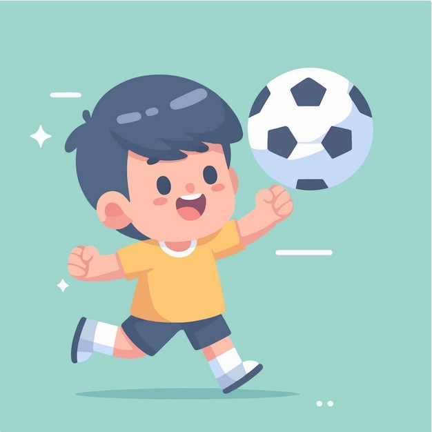 a boy playing soccer with a soccer ball and a blue background