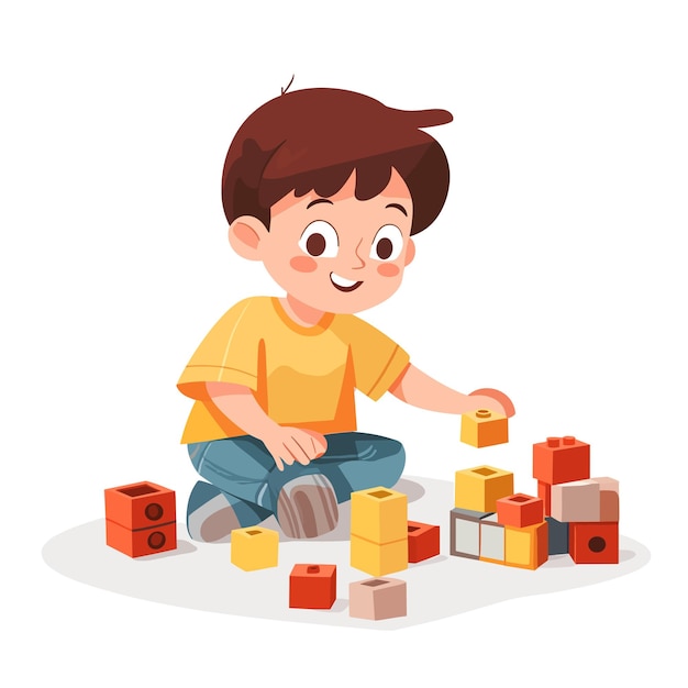 A boy playing with building blocks on the floor